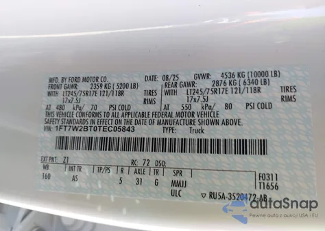 2026 Ford F-250 Xl z USA, uszkodzony, nr VIN 1FT7W2BT0TEC05843